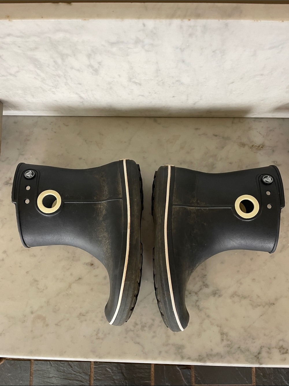 CROCS Black Rain Boots with Cream Trim - Picture 6 of 16